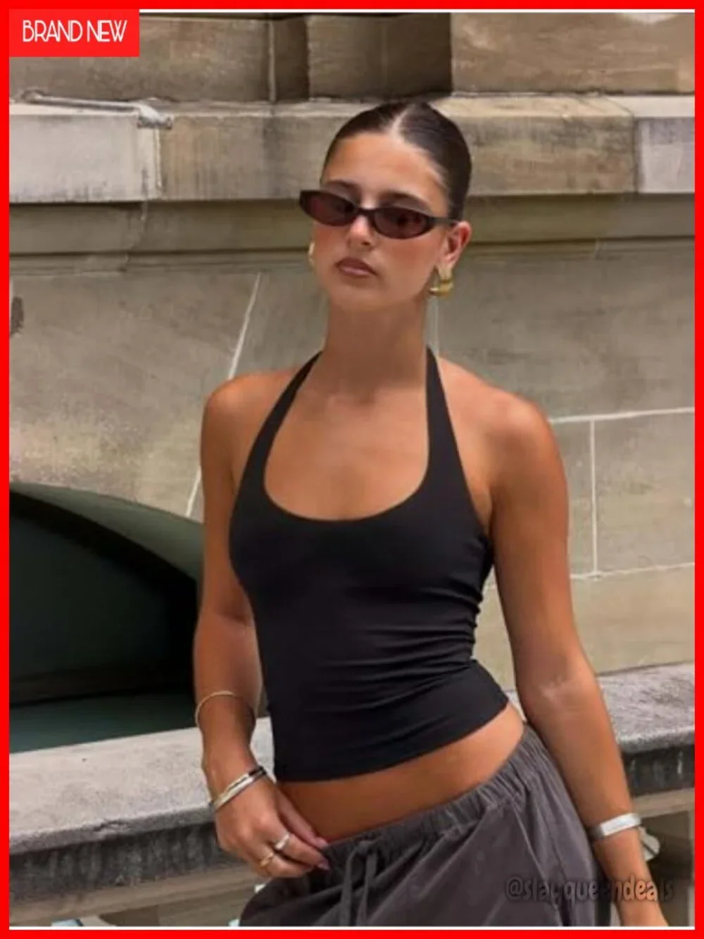 Women's Halter Backless Tank Top Double Lined Slim Fit Scoop Neck